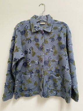 L.L. Bean Blue Floral Teddy Jacket with Olive Accents